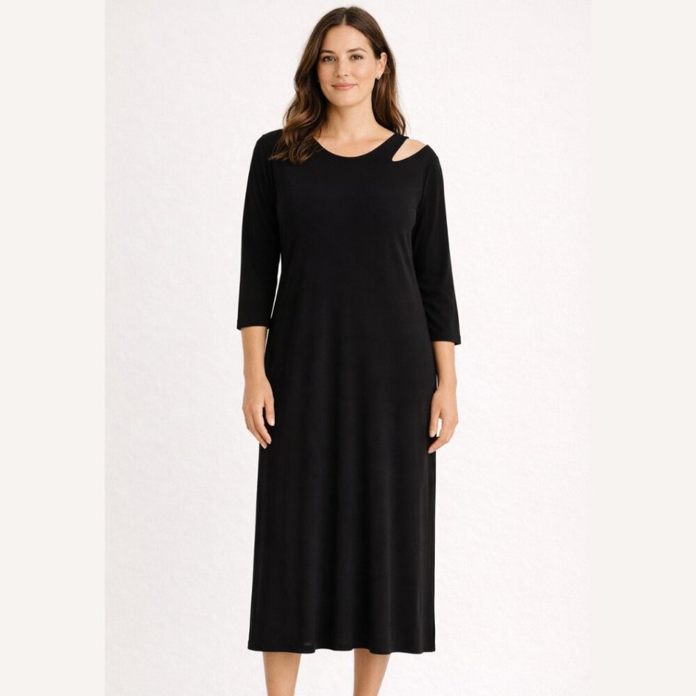 SYMPLI Cut Out Black Midi flowy Dress Womens 8 3/4 Sleeve Lagenlook Artsy Party